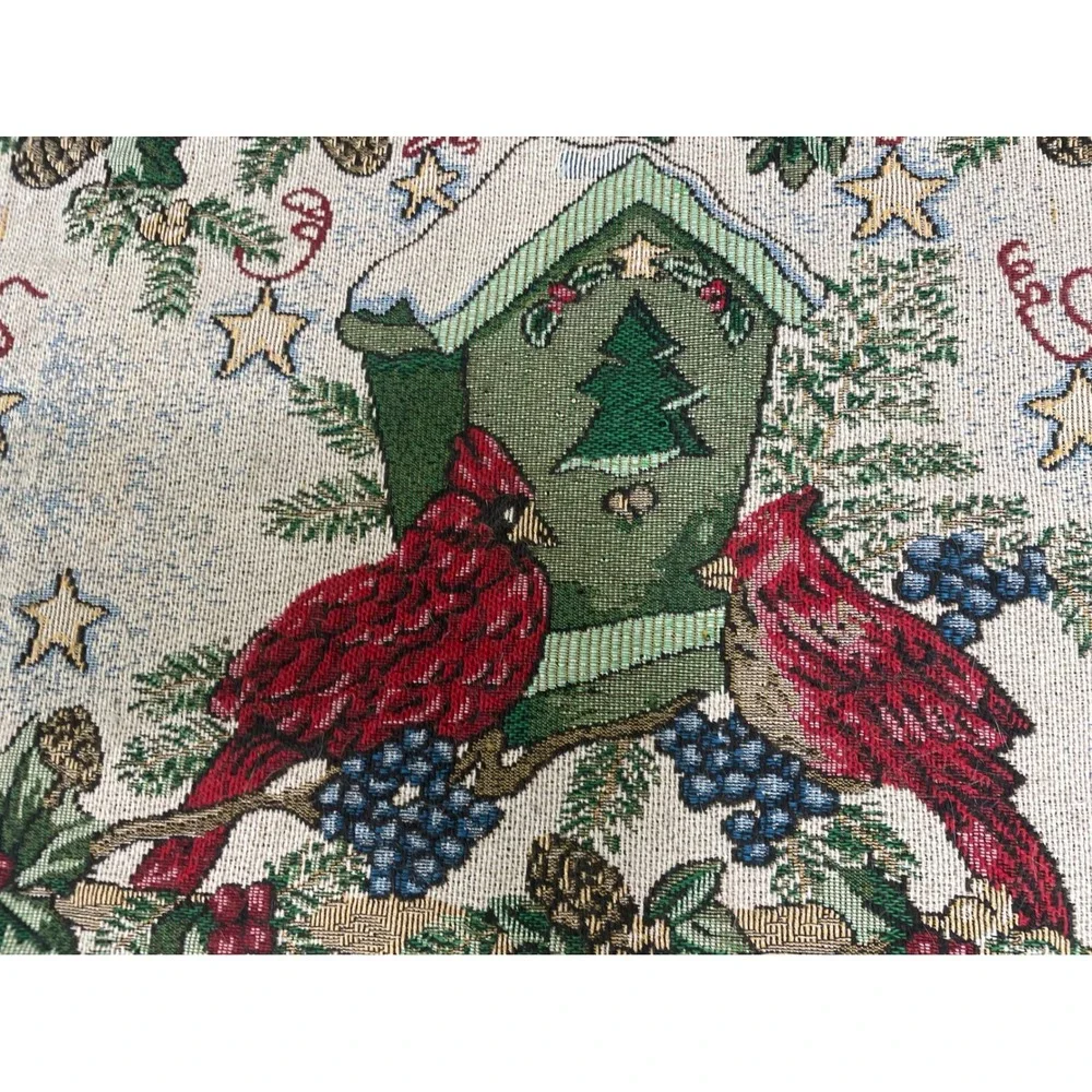 Christmas Cardinal Table‎ Runner Vintage Birdhouse Holly Red Birds Festive Decor